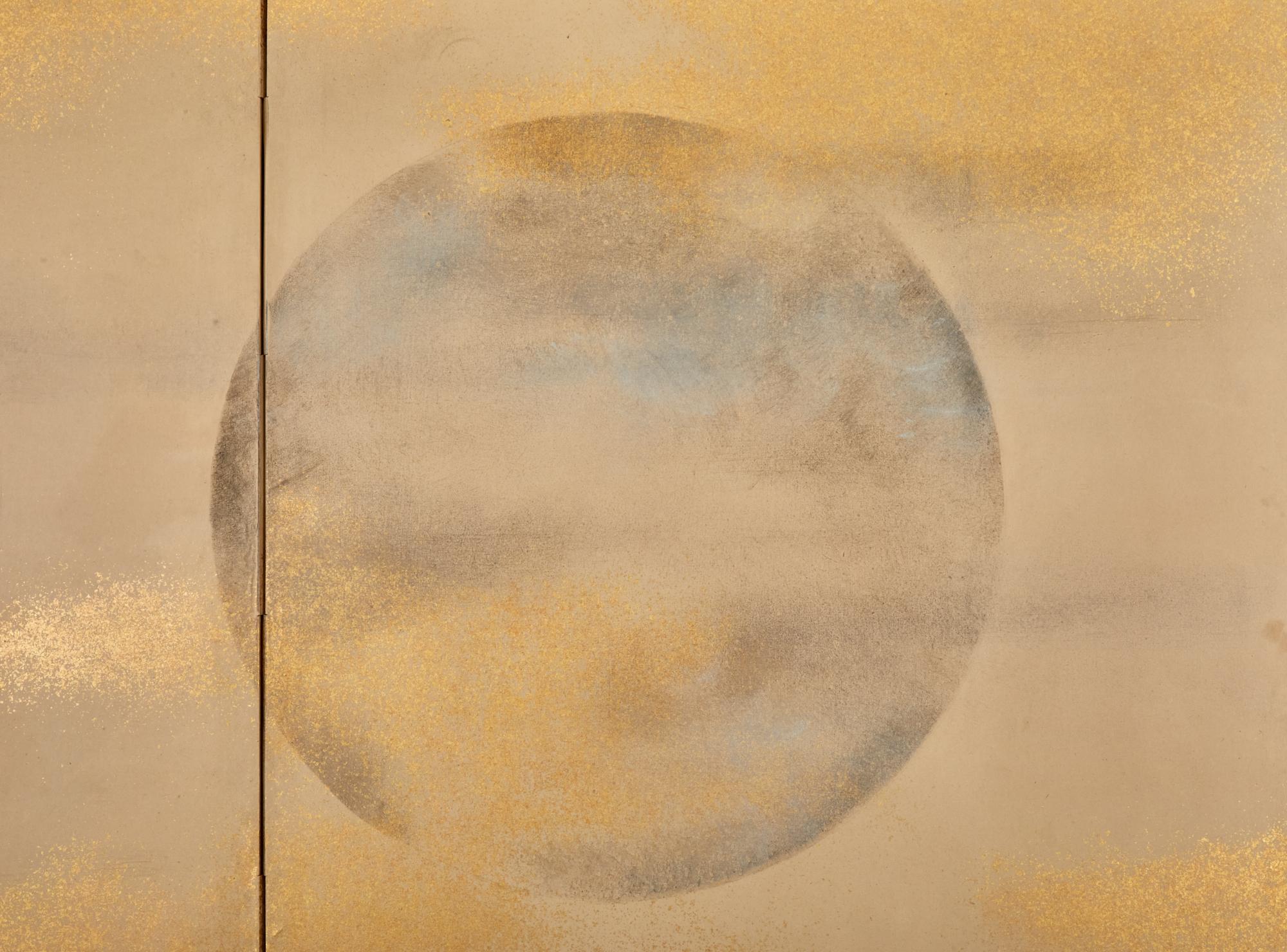 Mineral pigments and gold on mulberry paper with black lacquer trim.