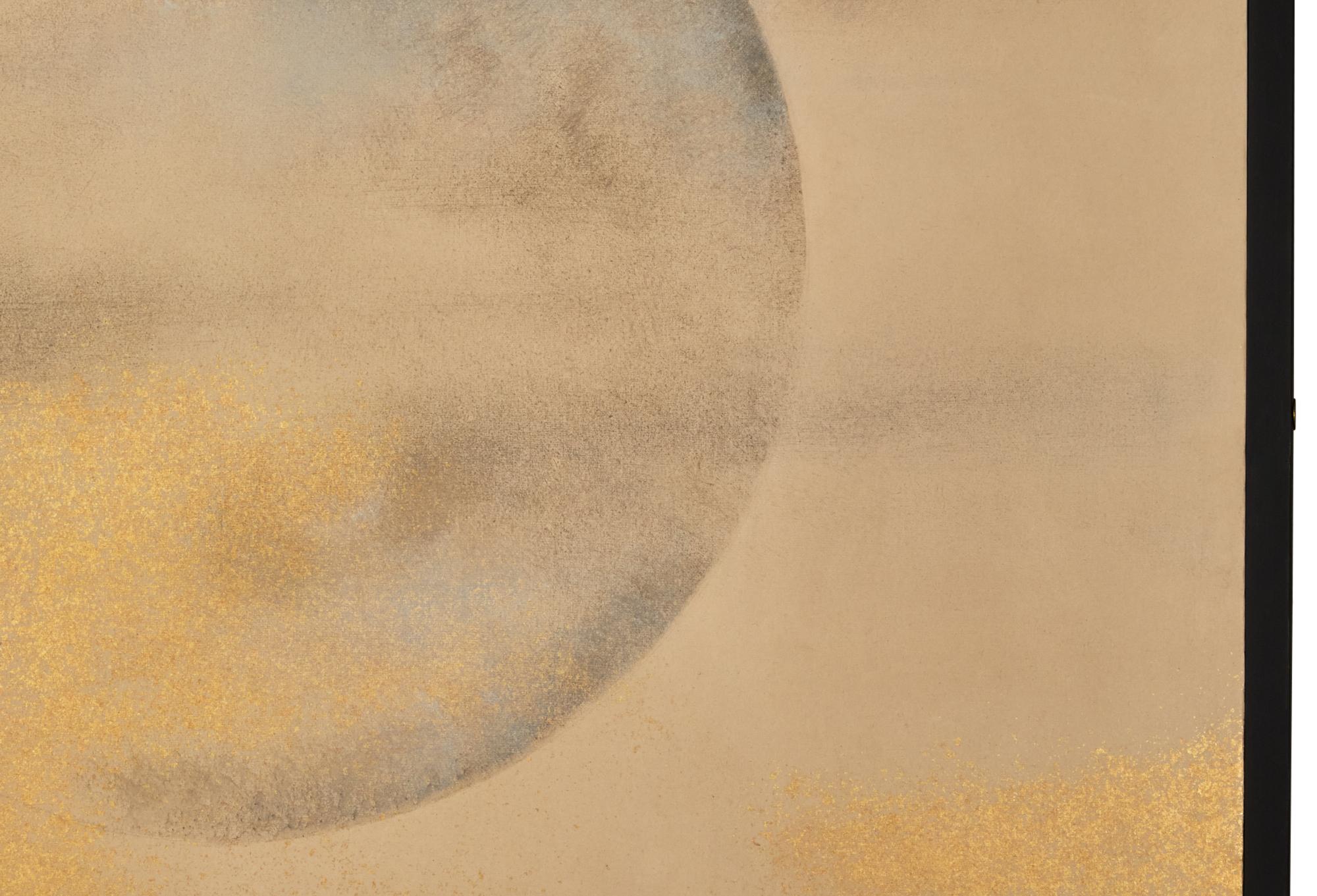 Japanese Two Panel Screen: Full Moon Through Gold Dust Clouds In Good Condition For Sale In Hudson, NY