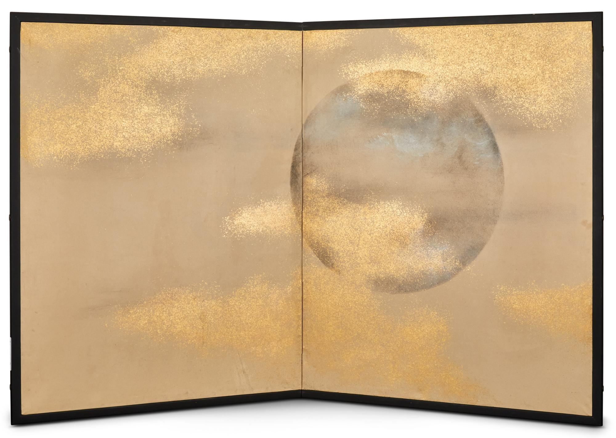 Japanese Two Panel Screen: Full Moon Through Gold Dust Clouds For Sale 4