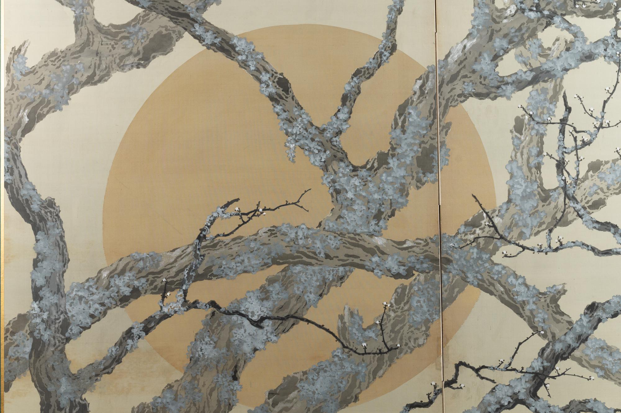 Japanese two-panel screen: Full moon through plum orchard. Taisho period (1912 - 1926) painting of a full moon shining through the craggy branches of plum trees. Wonderful painting style. This screen has a mate, both are available and sold