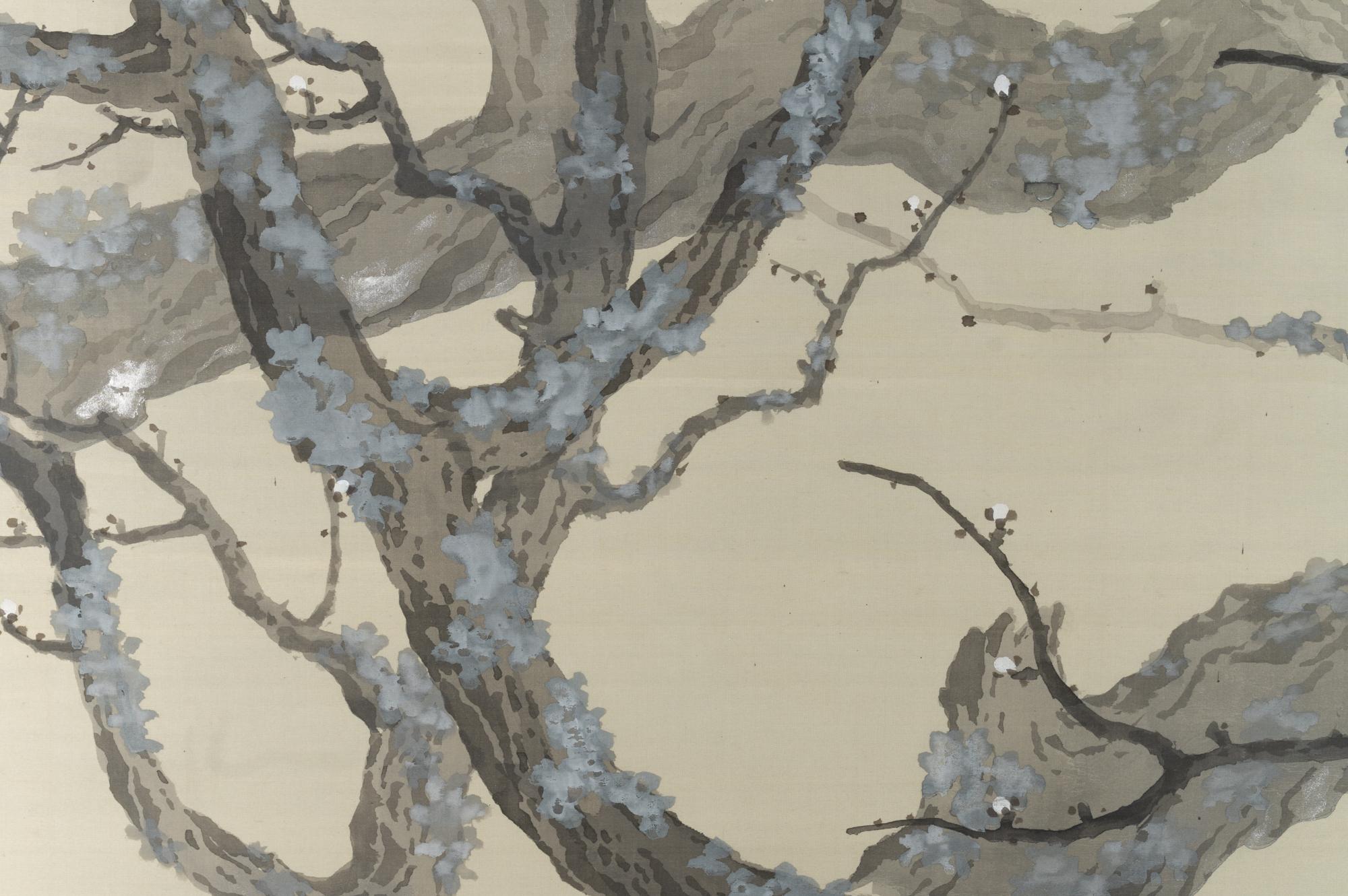Japanese Two-Panel Screen Full Moon Through Plum Orchard For Sale 3