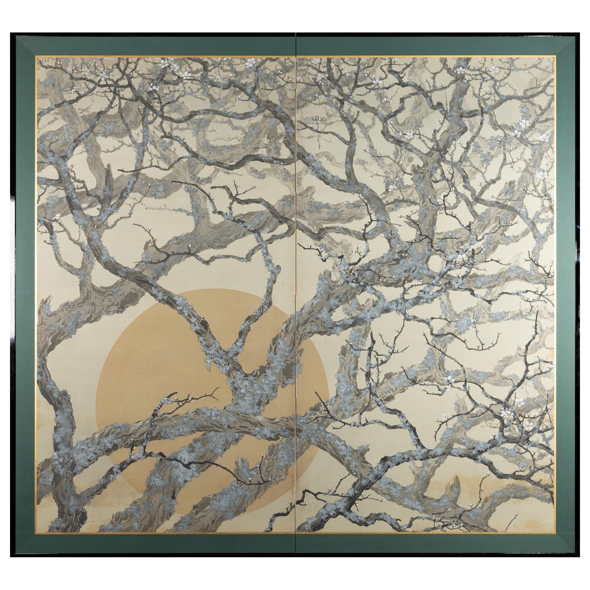 Japanese Two-Panel Screen Full Moon Through Plum Orchard For Sale
