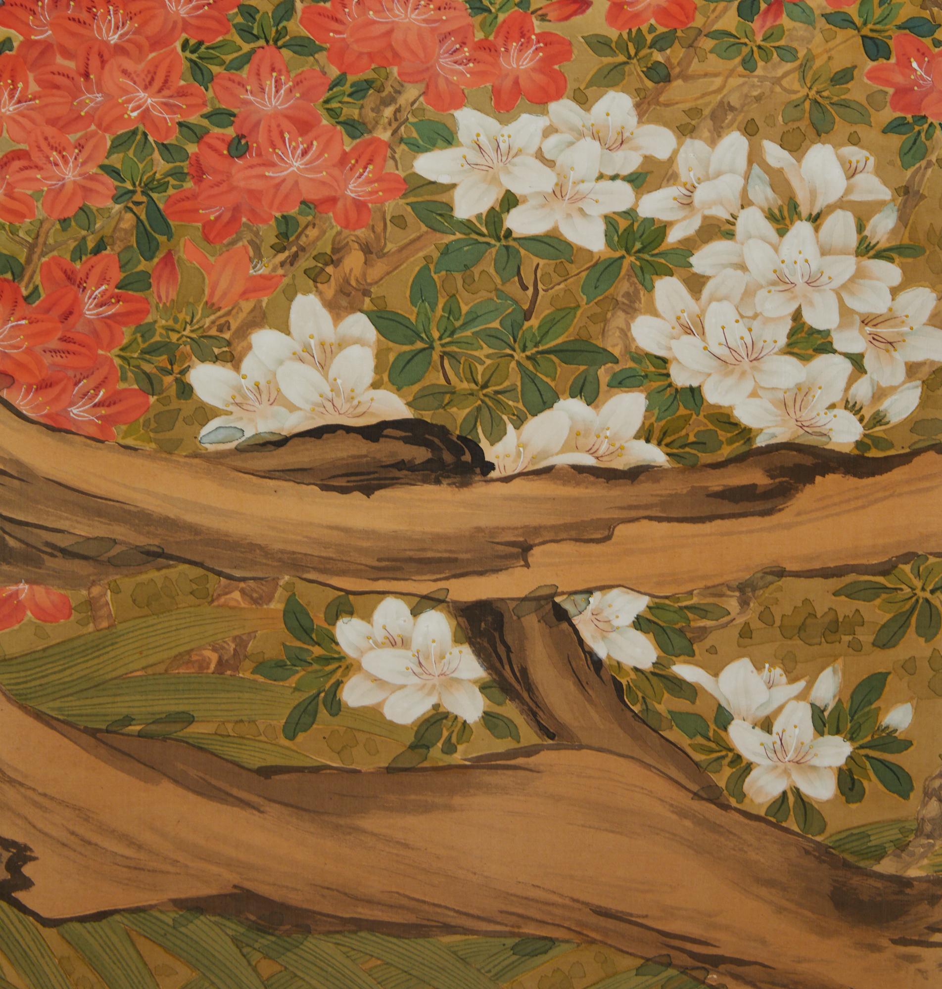 Japanese Two Panel Screen: Garden Landscape For Sale 1