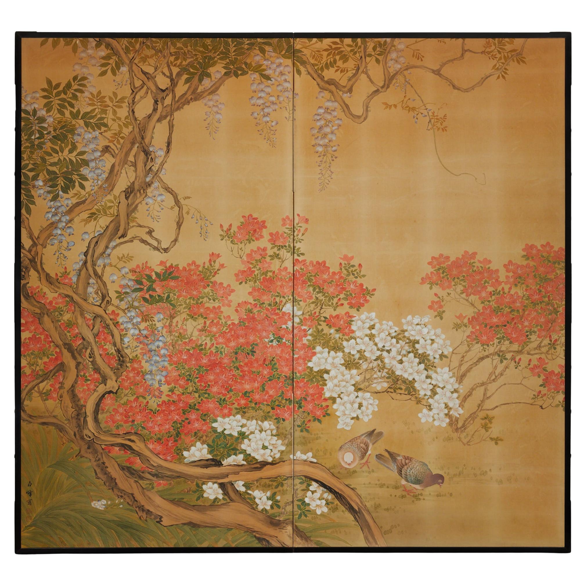 Japanese Two Panel Screen: Garden Landscape For Sale