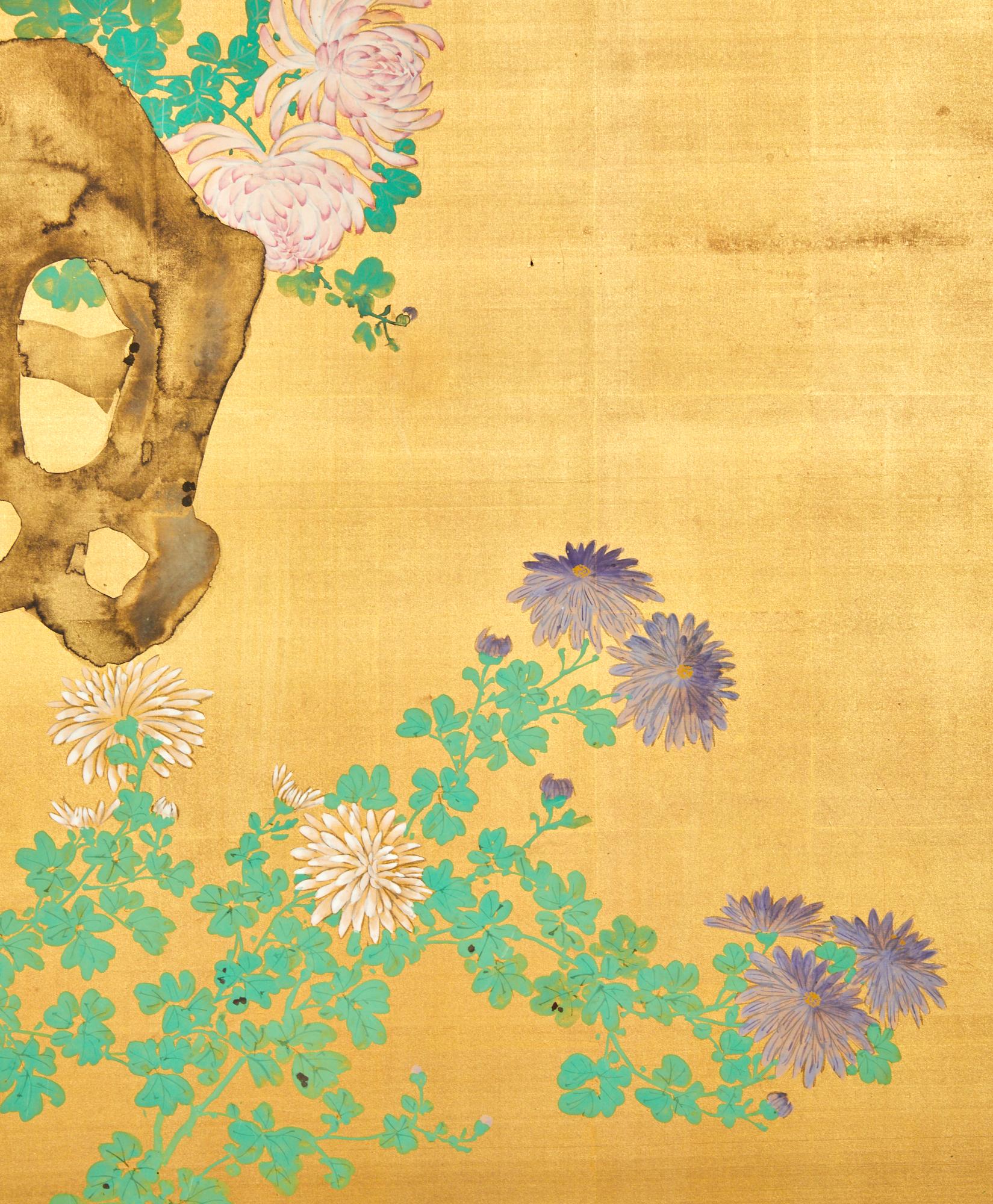 Bamboo, chrysanthemums and garden stone in mineral pigments on a gold silk ground.  Black lacquer trim with well patinaed bronze hardware.   Signature and seals read: Seido Senshi   