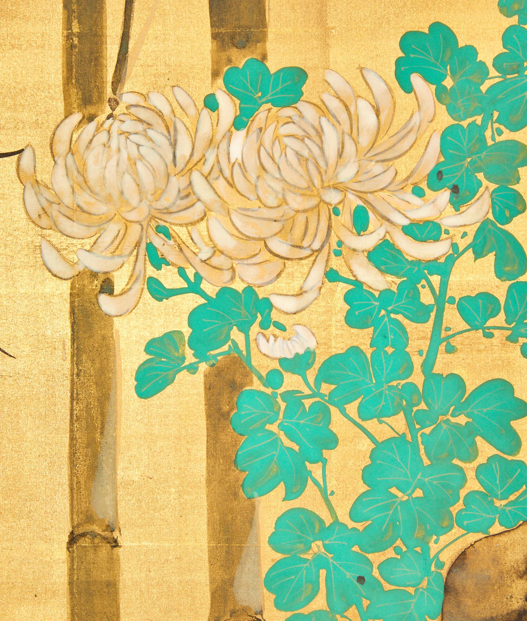 20th Century Japanese Two Panel Screen: Garden Scene For Sale