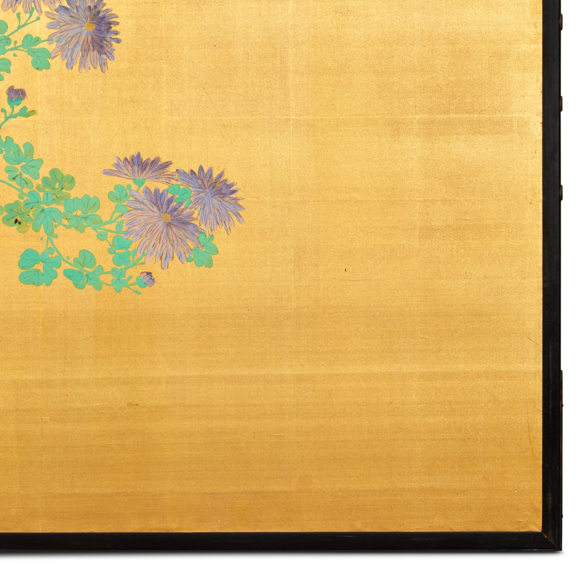 Japanese Two Panel Screen: Garden Scene For Sale 2