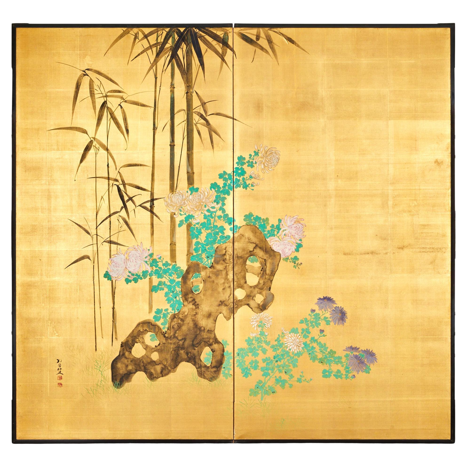 Biombo japonés de dos paneles: Escena de jardín