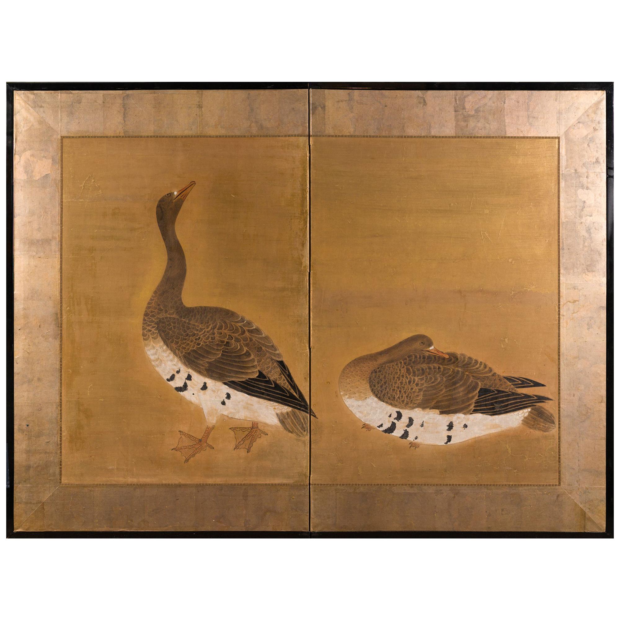 Japanese Two-Panel Screen Geese on Gold
