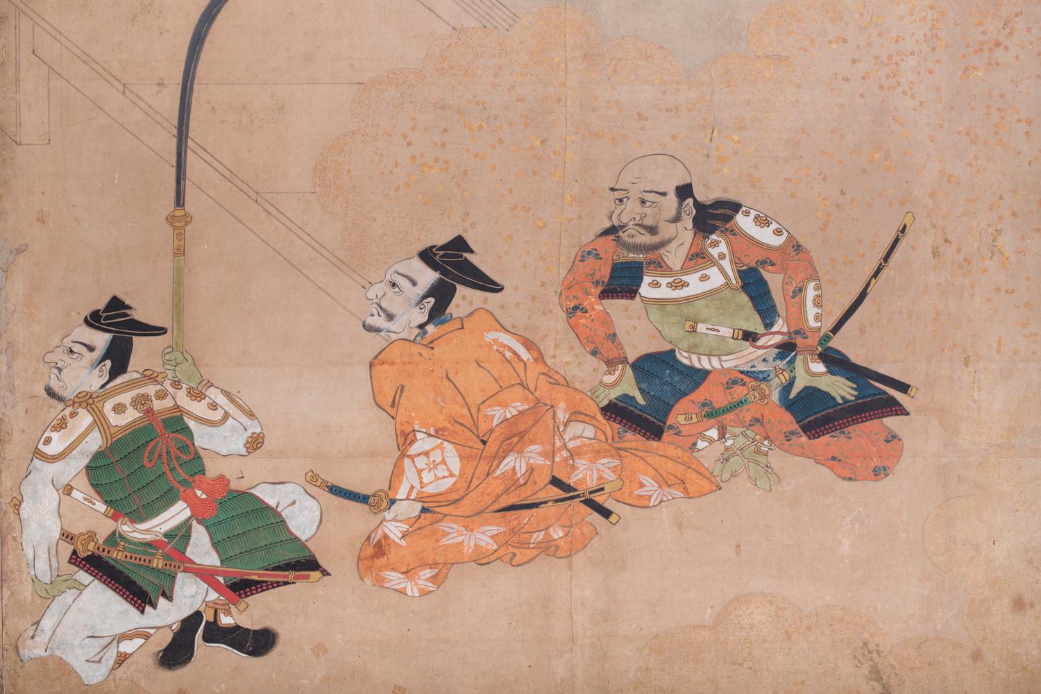 Soie Écran japonais à deux panneaux : Guerriers de Genpei en vente