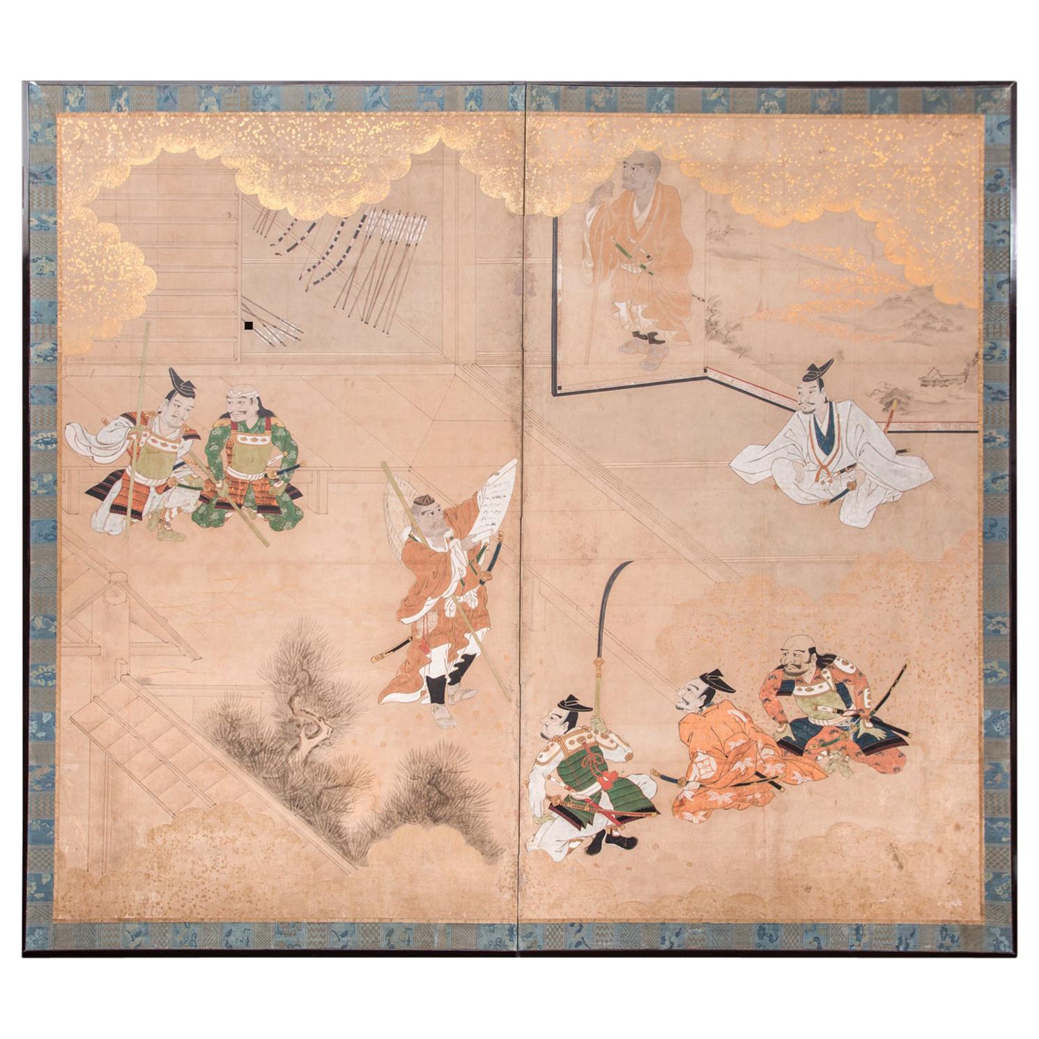 Japanese Two Panel Screen: Genpei Warriors For Sale