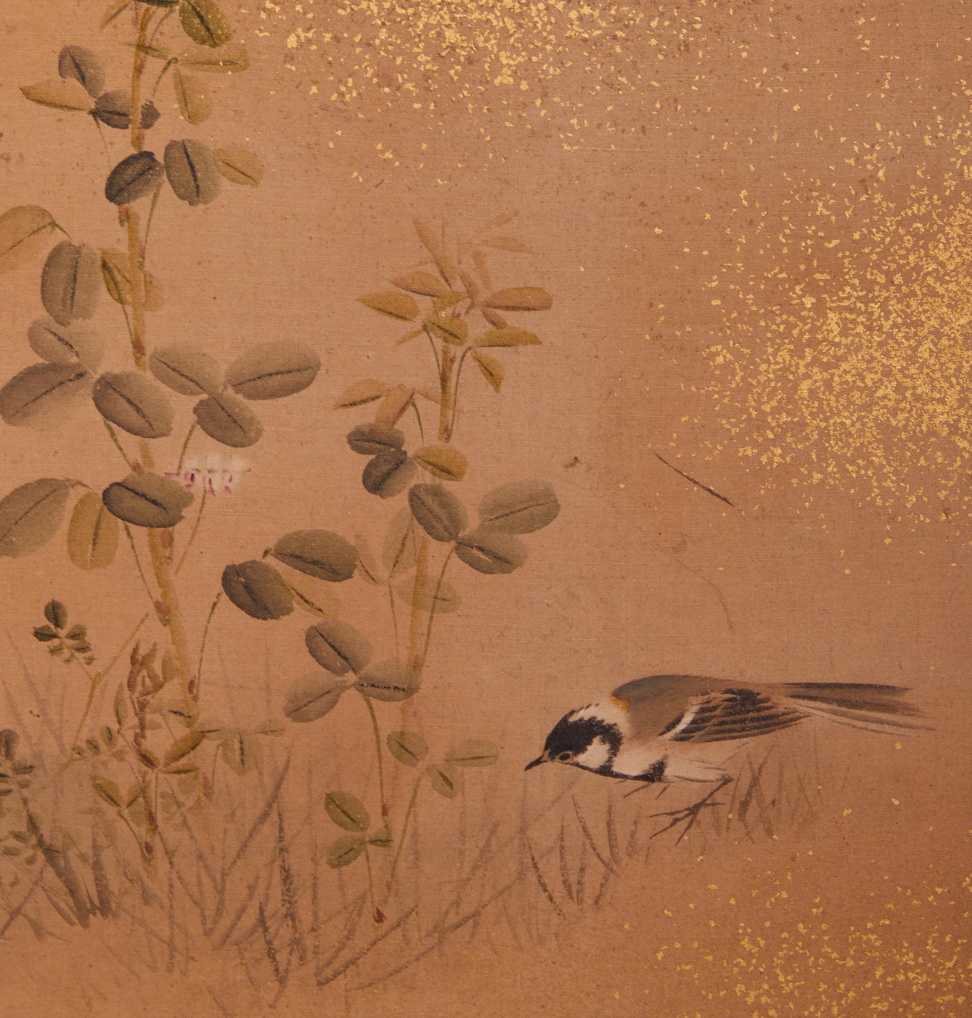 Hand-Crafted Japanese Two Panel Screen: Gentle Landscape of Sparrow and Flowers For Sale
