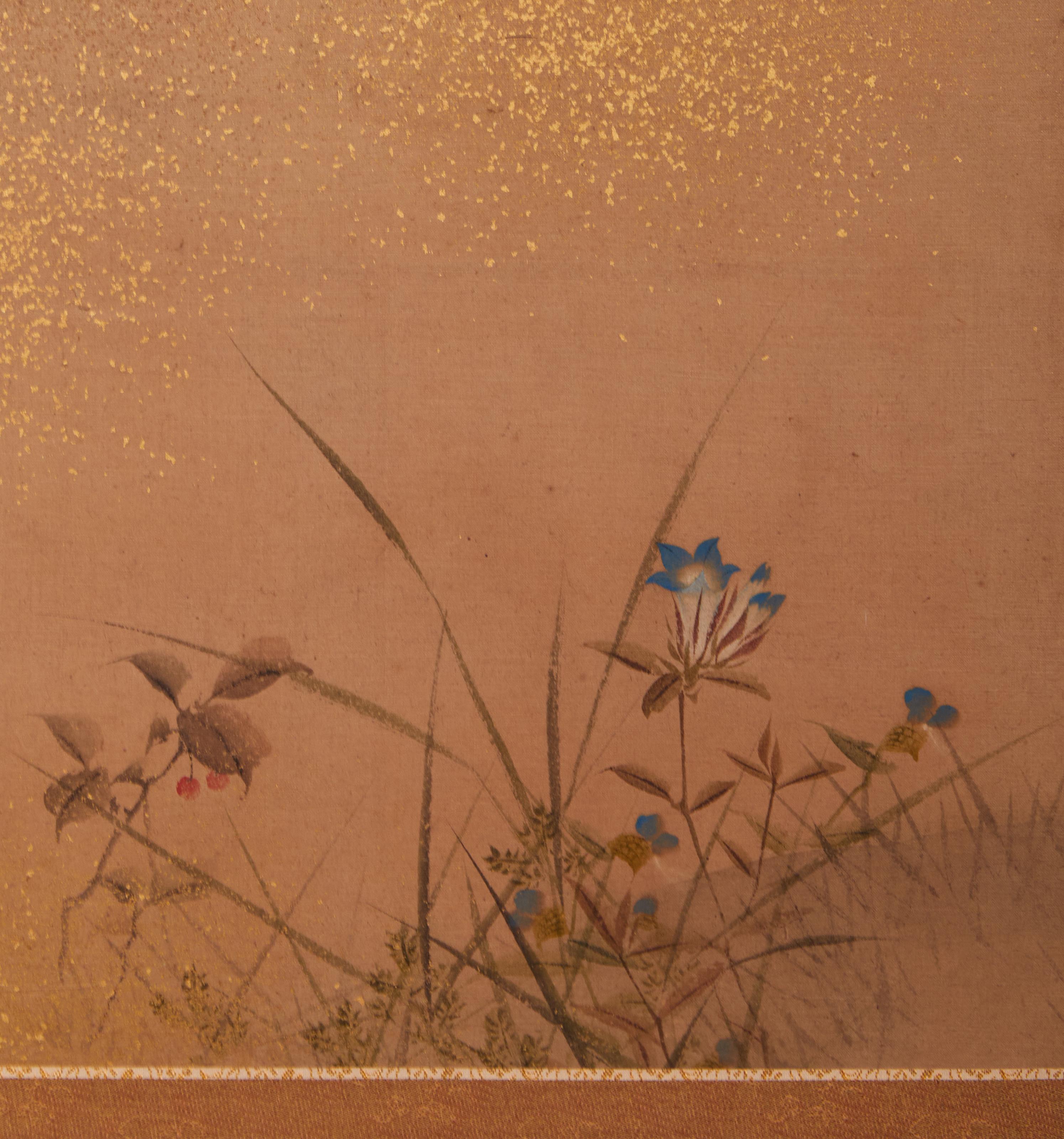 Japanese Two Panel Screen: Gentle Landscape of Sparrow and Flowers In Good Condition For Sale In Hudson, NY