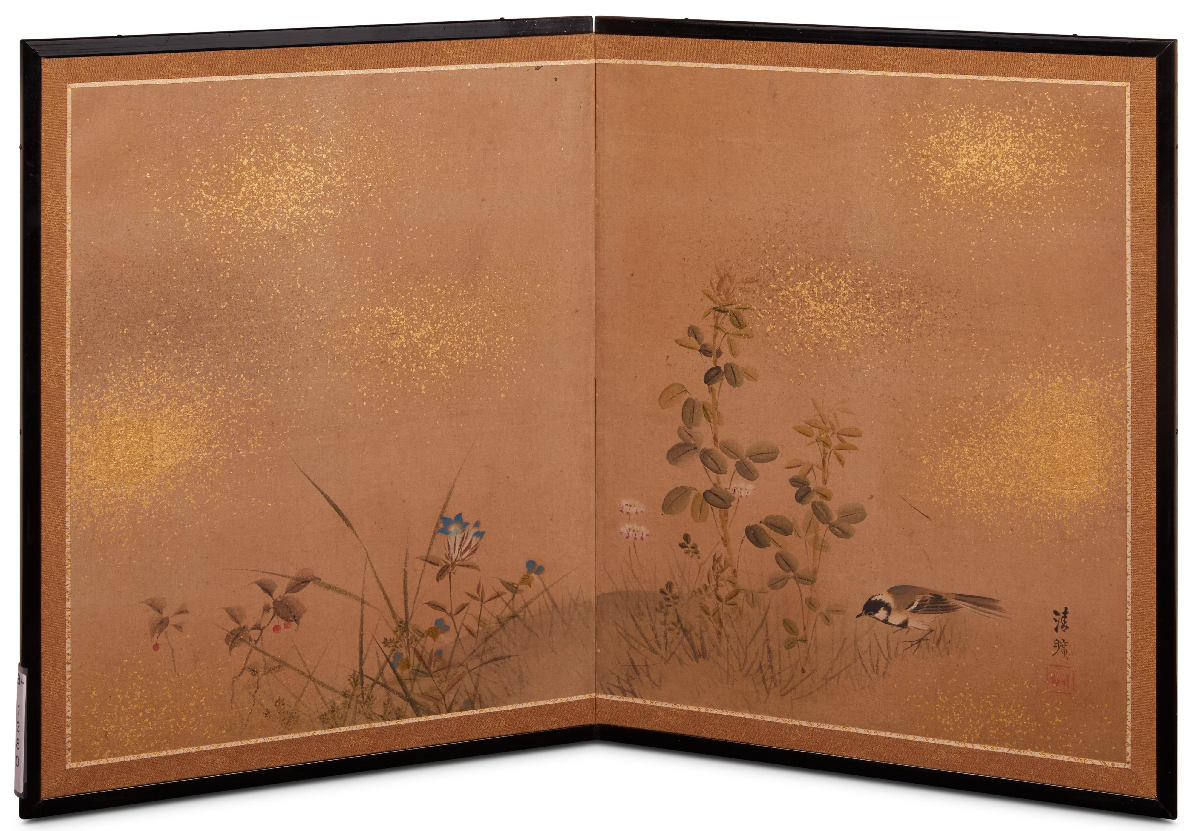 Japanese Two Panel Screen: Gentle Landscape of Sparrow and Flowers For Sale 1