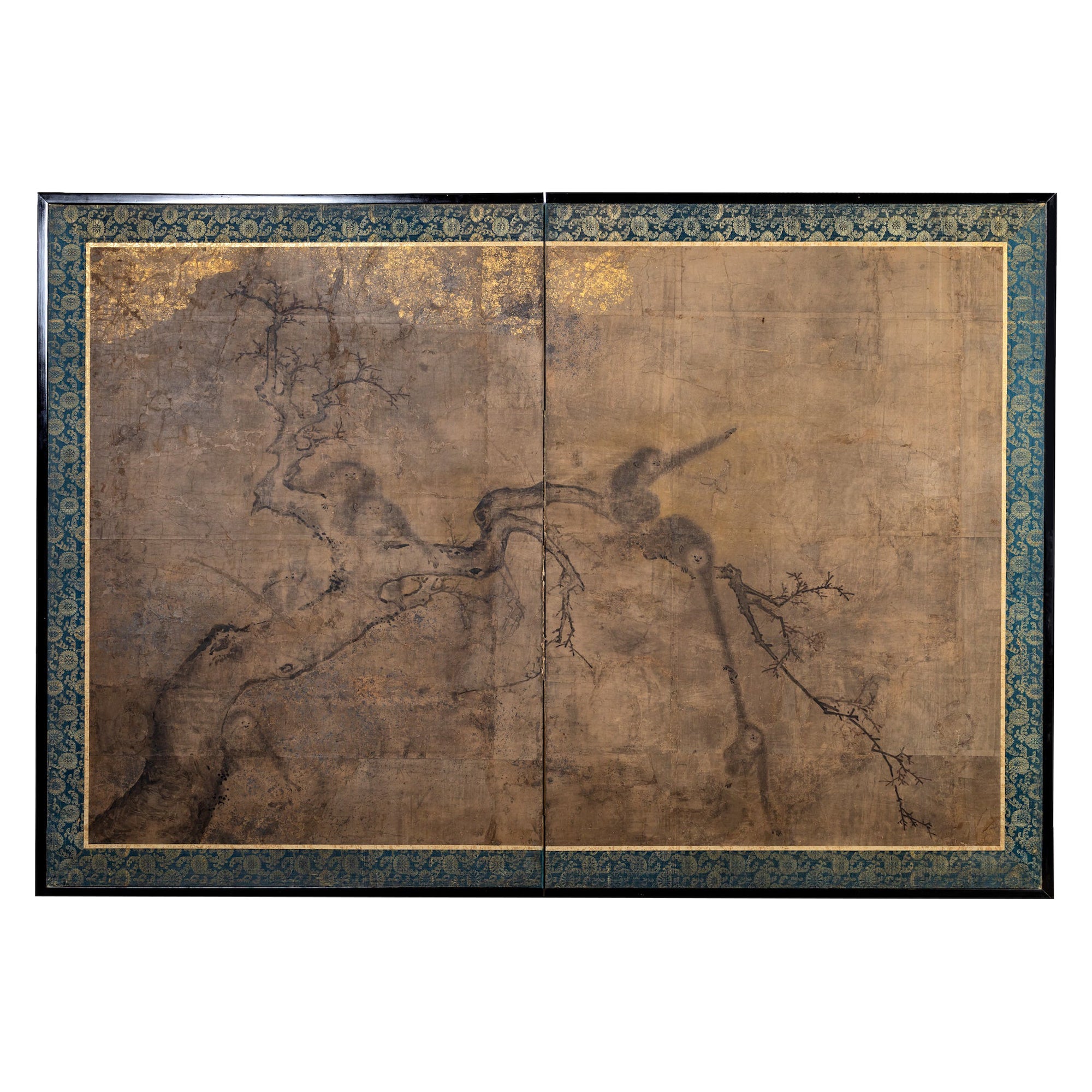 Japanese Two Panel Screen: Gibbons in a Tree