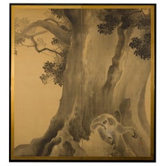 Japanese Two-Panel Screen, Gibbons in the Wild