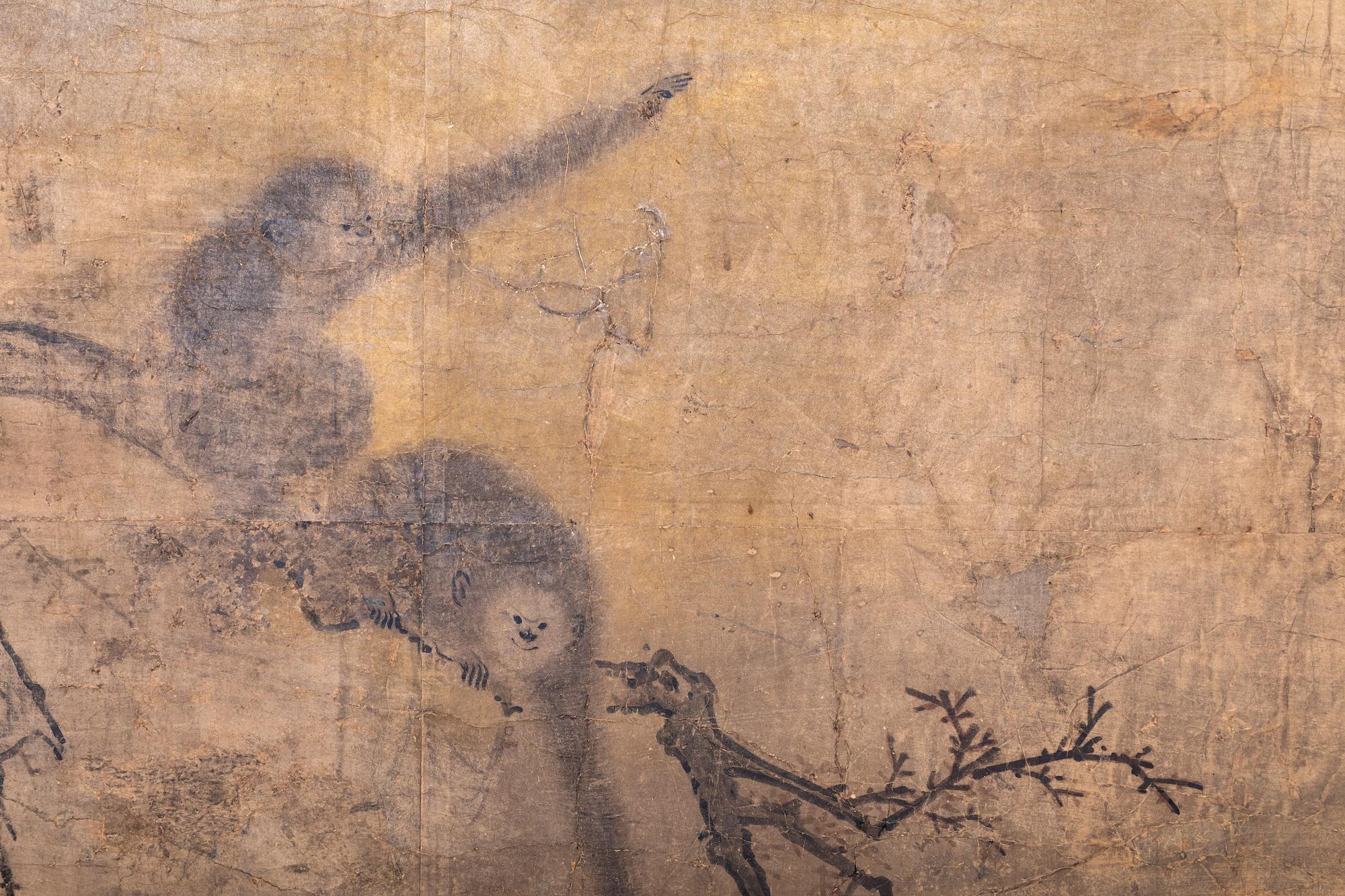 18th Century Japanese Two Panel Screen: Gibbons in a Tree For Sale