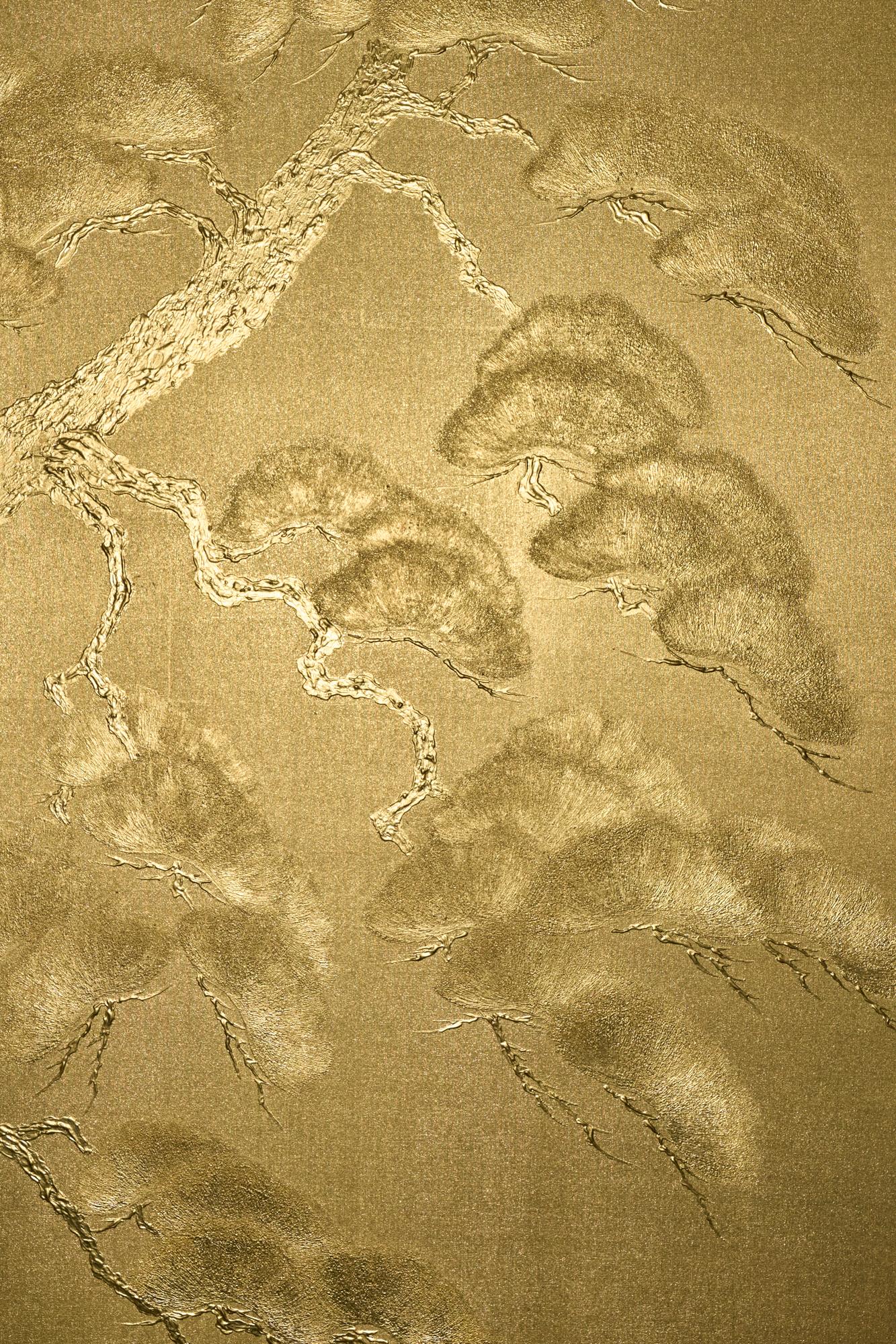 Japonais Paravent japonais à deux panneaux : Pin doré en vente