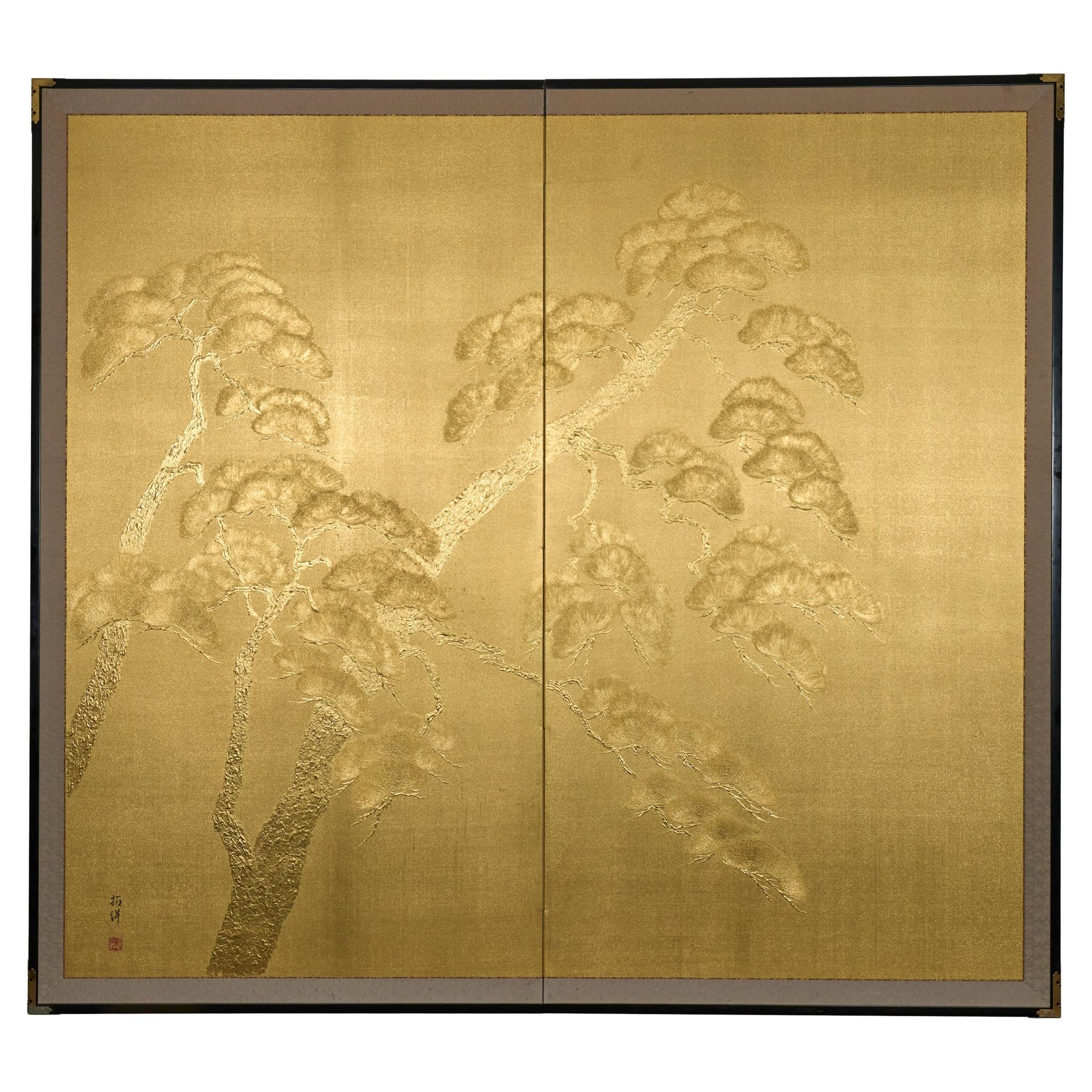 Paravento giapponese a due pannelli: Pino dorato