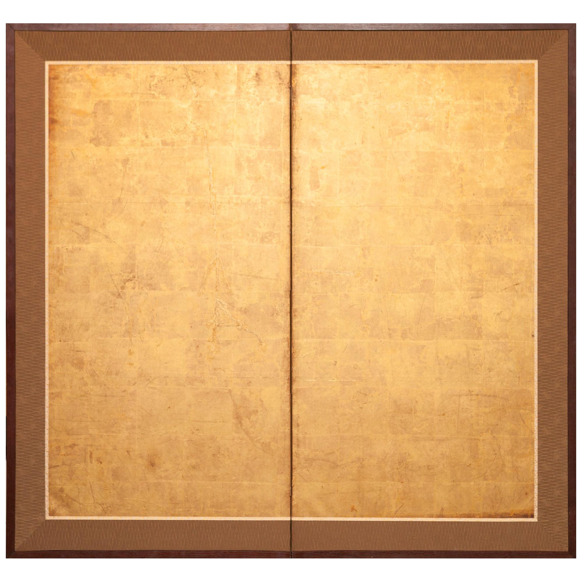 Japanese Two-Panel Screen Gold Leaf on Paper
