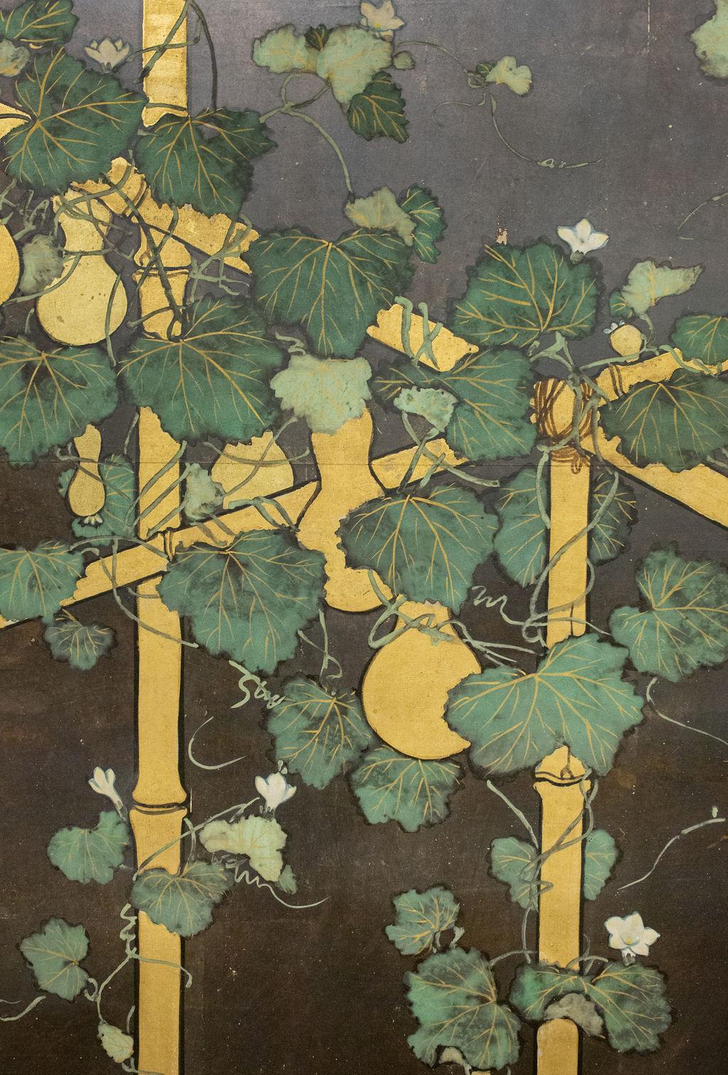 In Japan, gardeners train their gourds and squashes up an arbor to create a perfect gourd shape. Gourds were used for containers and the more perfect the shape, the more desirable the container. Rimpa School painting with gold leaf gourds and
