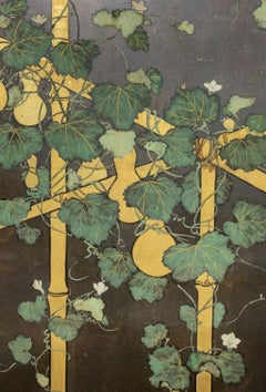 Japanese Two Panel Screen, Gourds on Bamboo Arbor