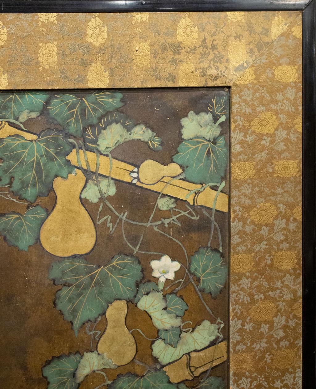 18th Century Japanese Two Panel Screen, Gourds on Bamboo Arbor
