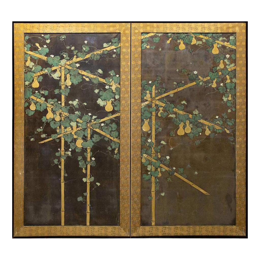 Japanese Two Panel Screen, Gourds on Bamboo Arbor