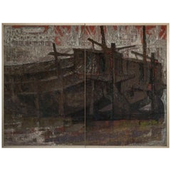 Japanese Two Panel Screen: Harbor Scene in Abstract Form
