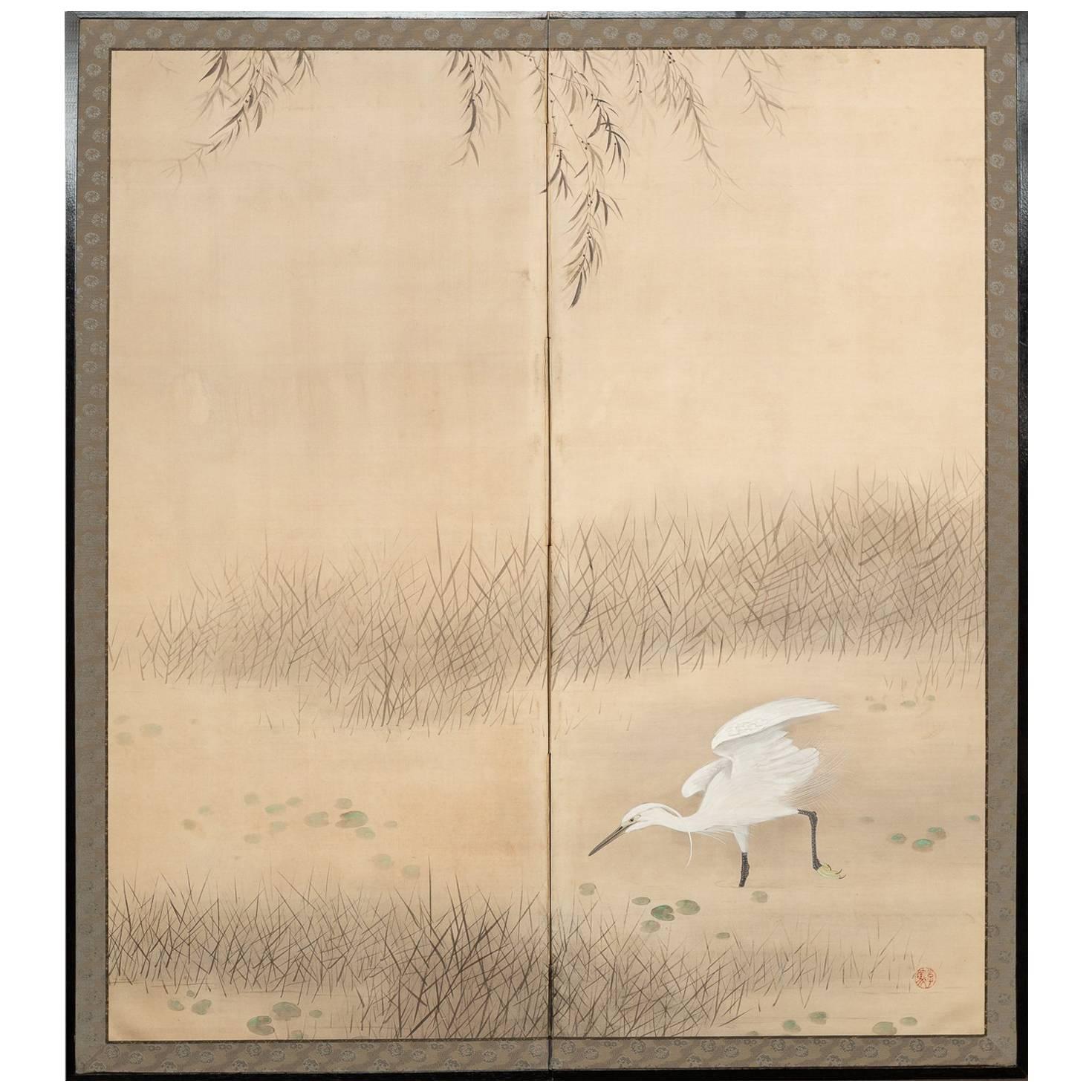 Japanese Two Panel Screen, Heron In Water Lily Pond Under Willow
