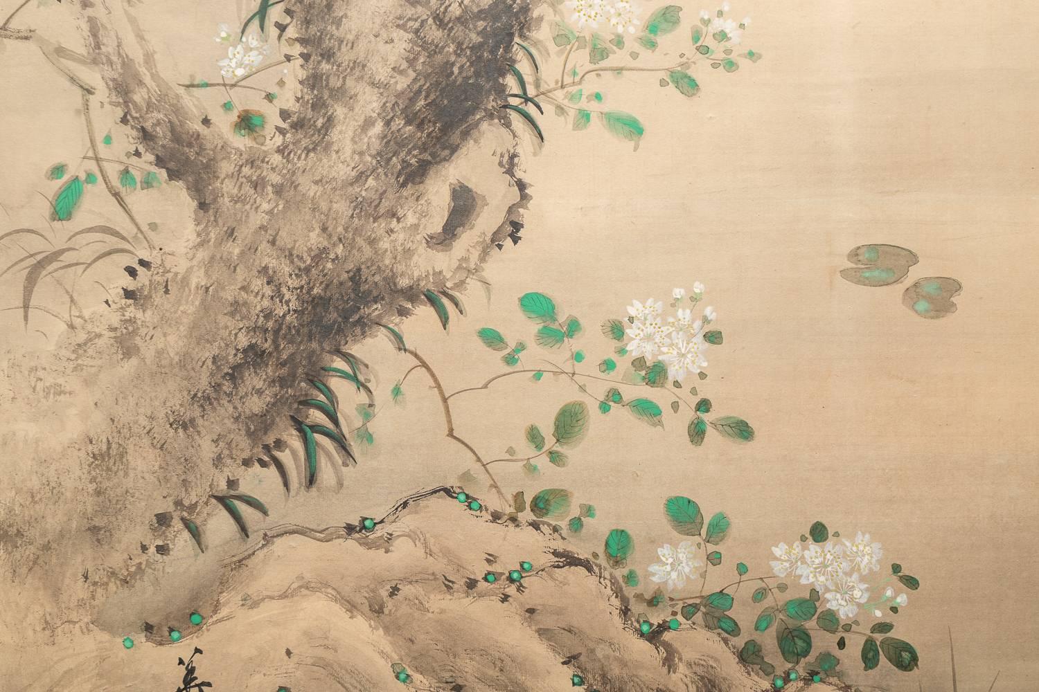Meiji Japanese Two Panel Screen, Herons in Willow by  Water Lily Pond