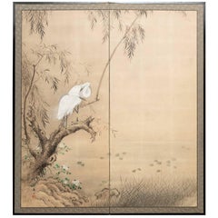 Japanese Two Panel Screen, Herons in Willow by  Water Lily Pond