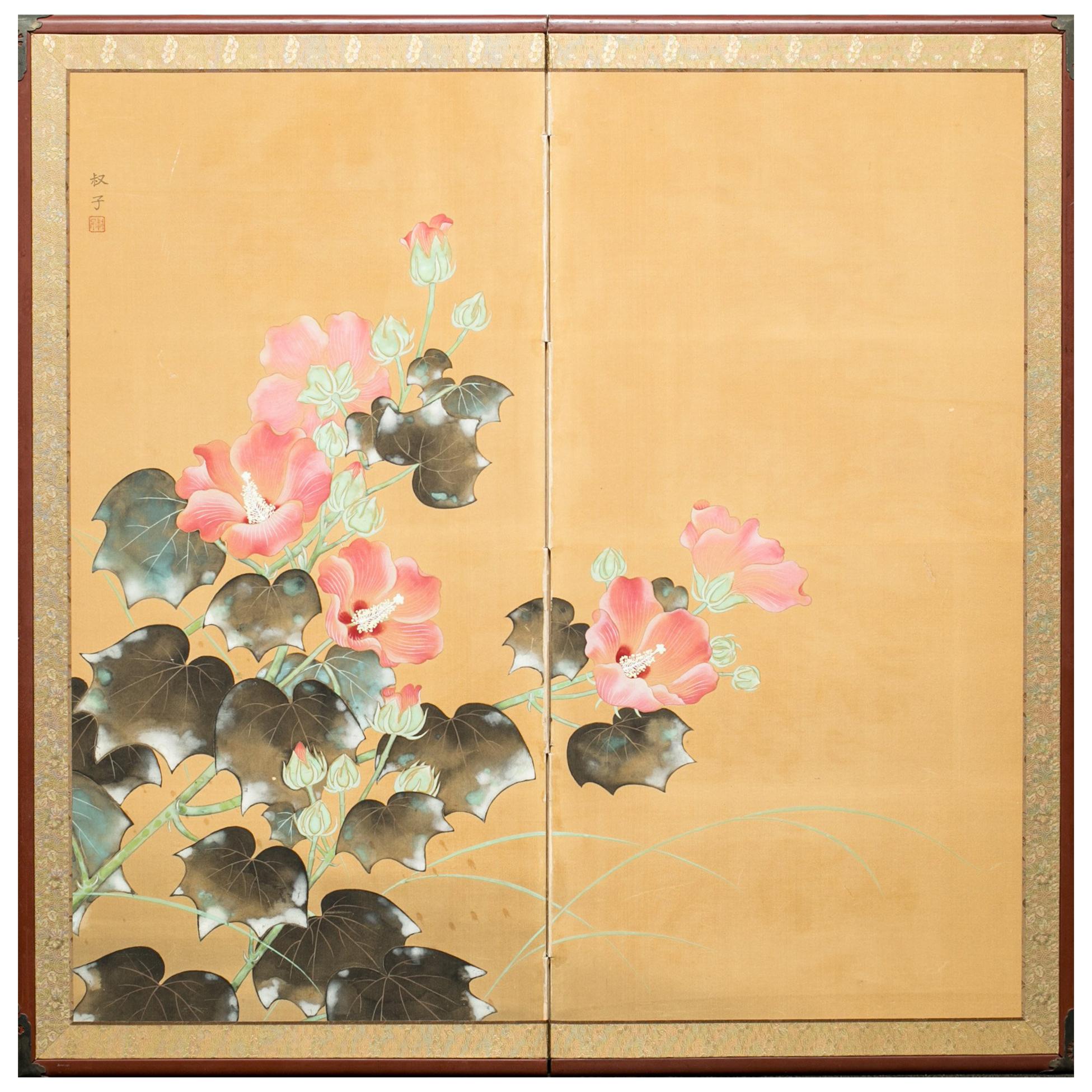 Japanese Two-Panel Screen, Hibiscus In Bloom For Sale