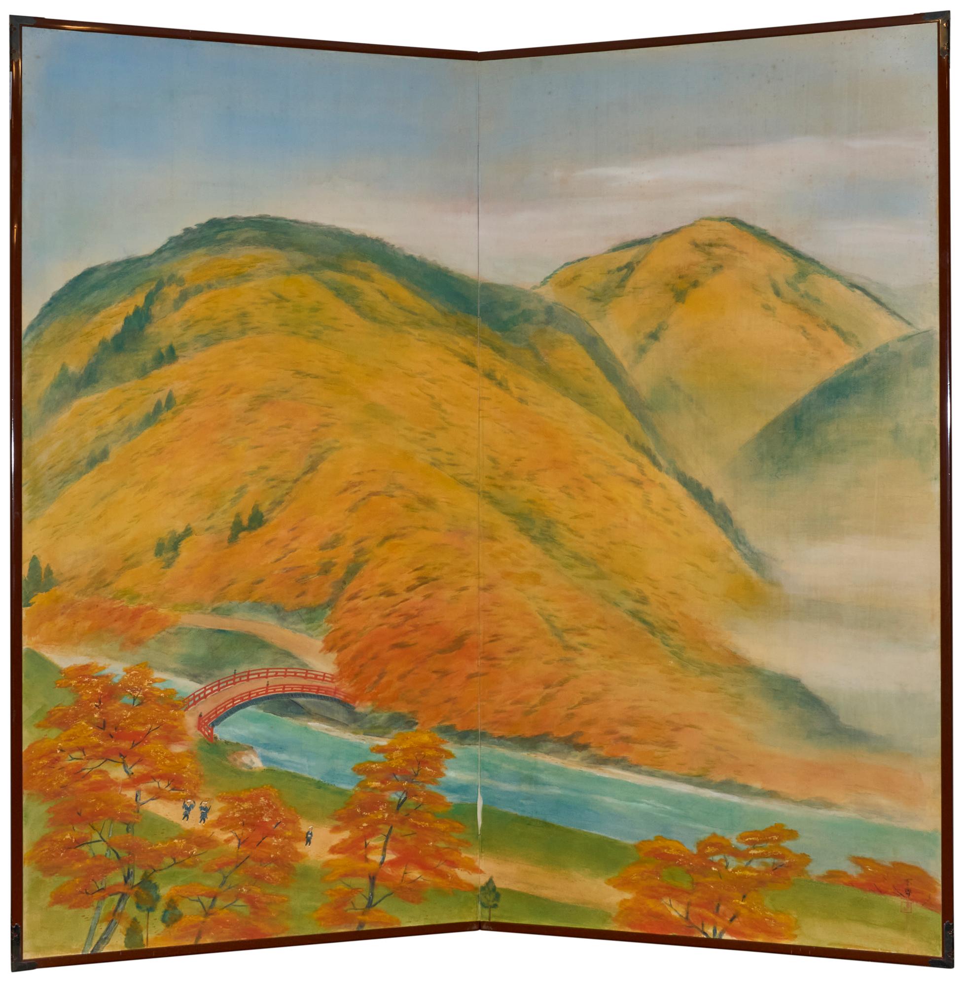 Biombo Japonés de Dos Paneles: Las Colinas de Higashiyama en Otoño en venta 6