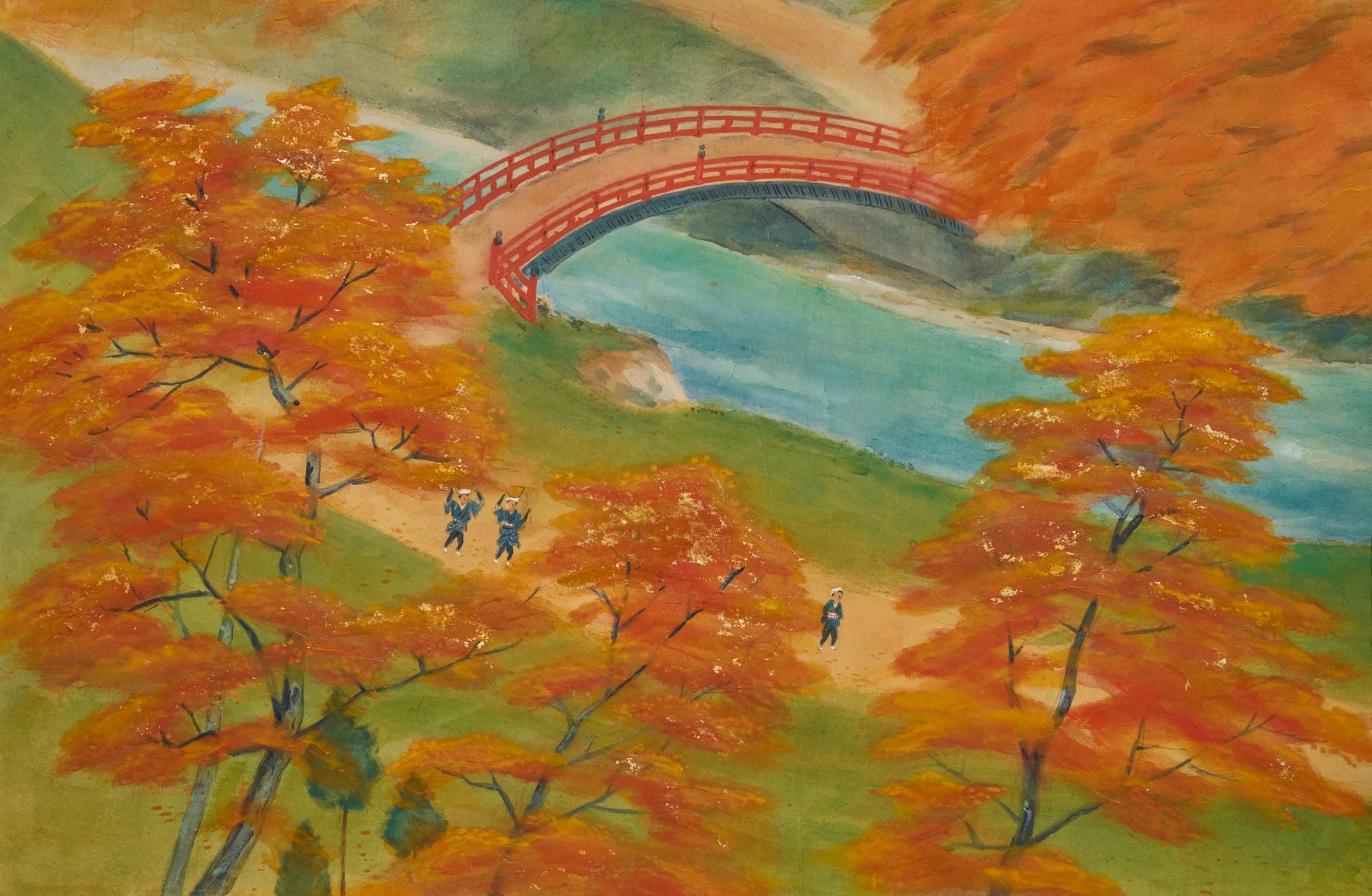 Colinas de Higashiyama, a las afueras de Kioto, en pleno otoño, con pigmentos minerales sobre seda.  Embellecedor lacado marrón oscuro con monturas de bronce.  Se lee la firma y el sello: Shinsai  