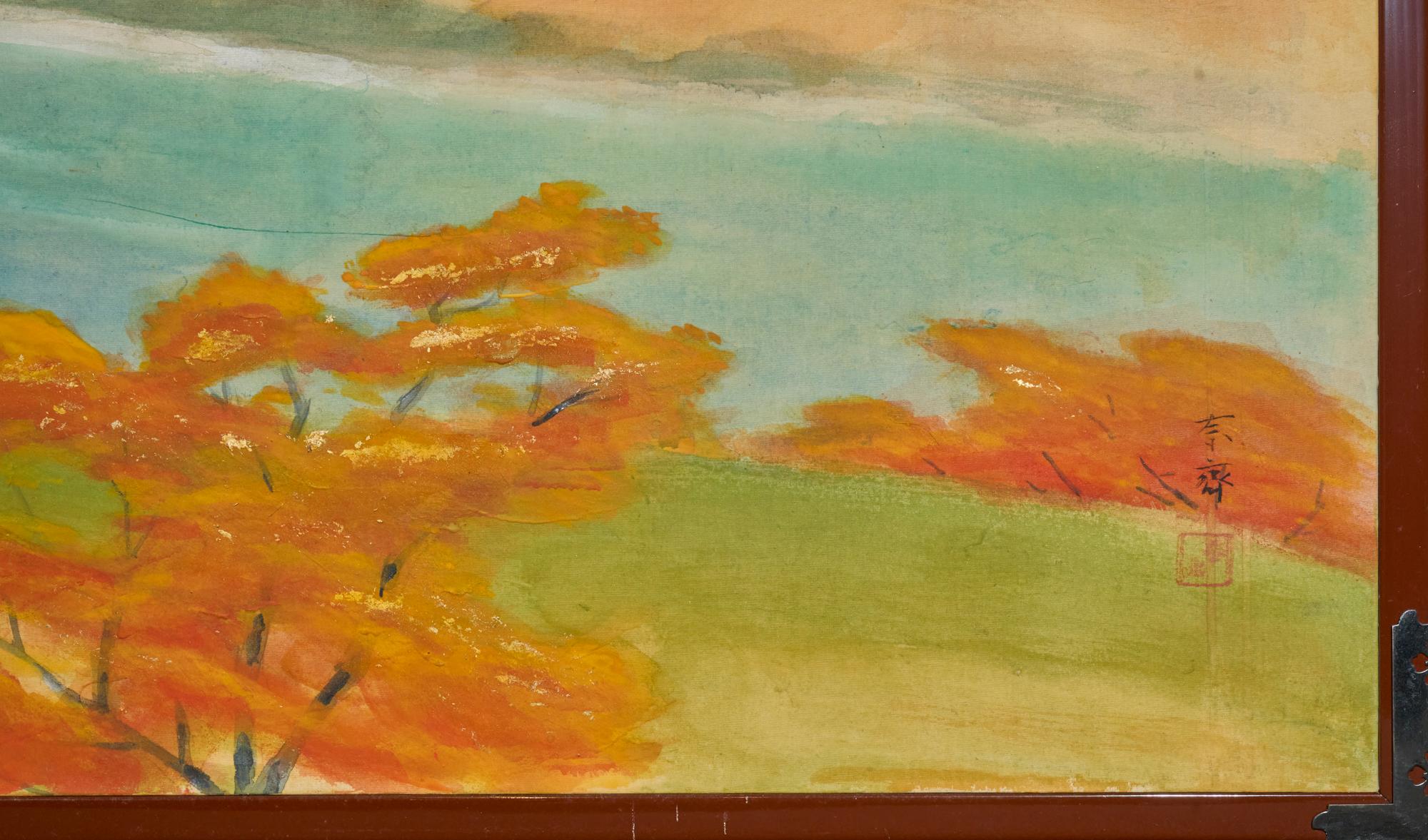 Biombo Japonés de Dos Paneles: Las Colinas de Higashiyama en Otoño en venta 3