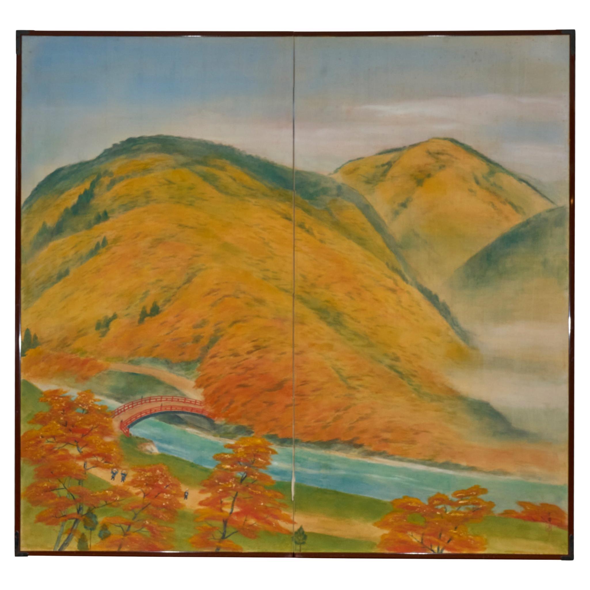 Japanese Two Panel Screen: Higashiyama Hills in Autumn