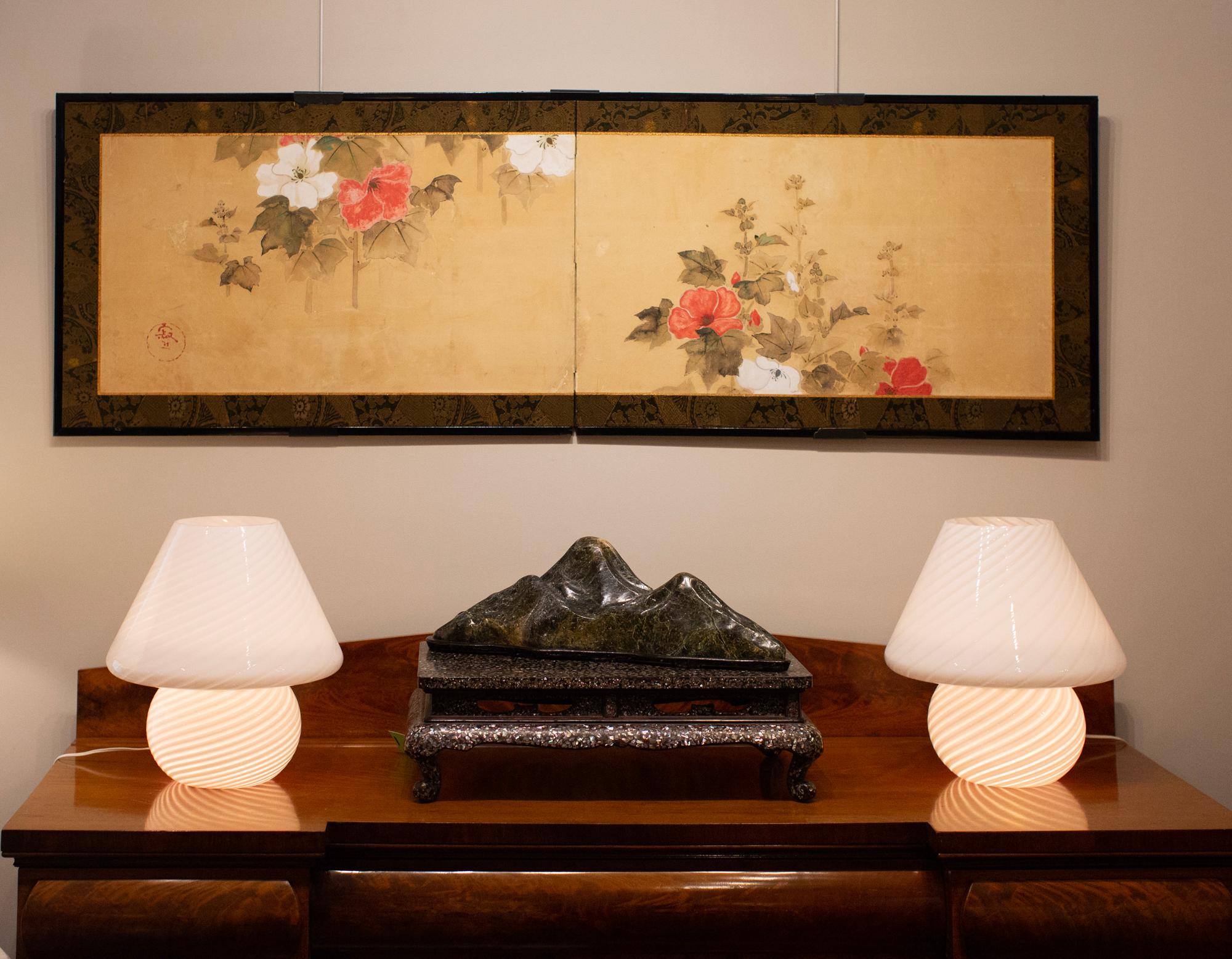 18th Century and Earlier Japanese Two Panel Screen, Hollyhocks For Sale