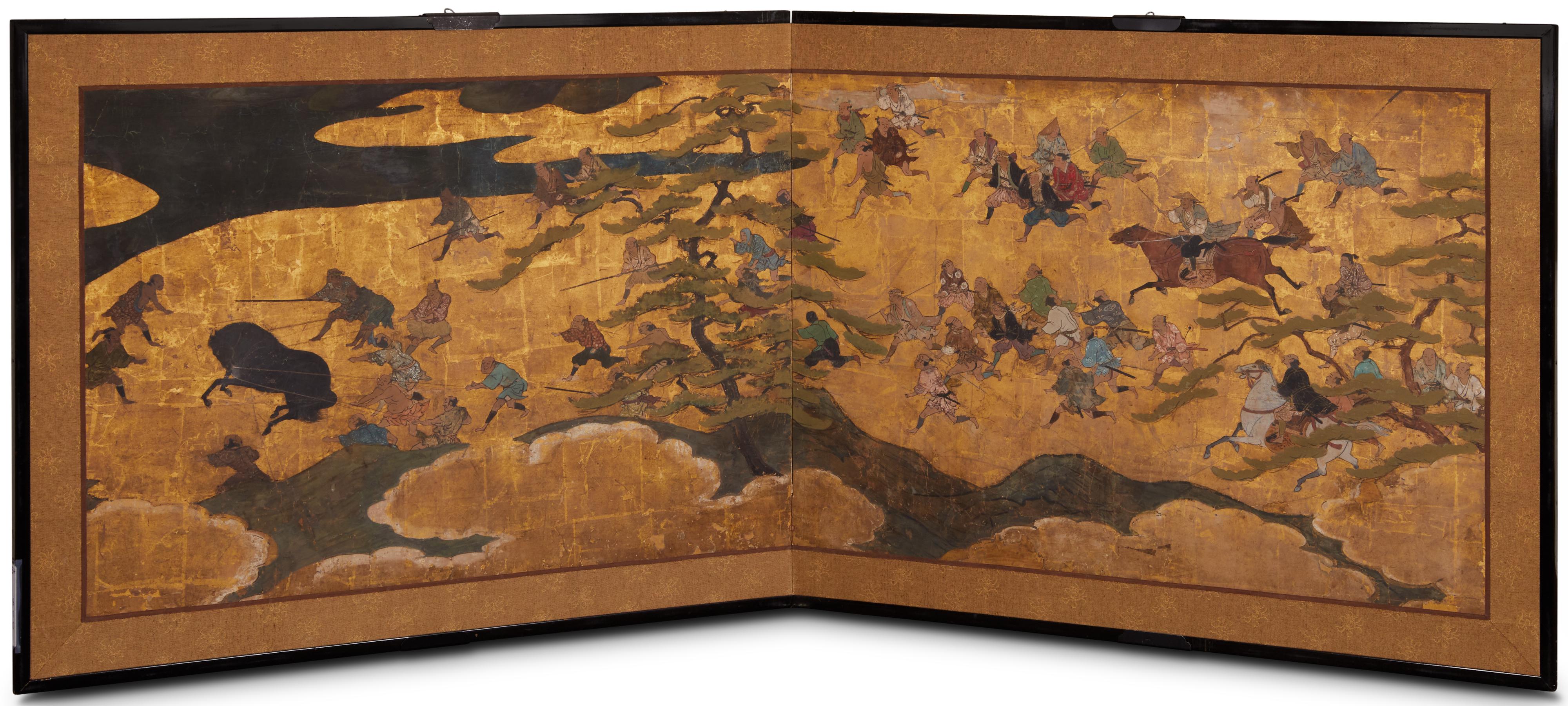 Japanese Two Panel Screen: Horse Roundup For Sale 4