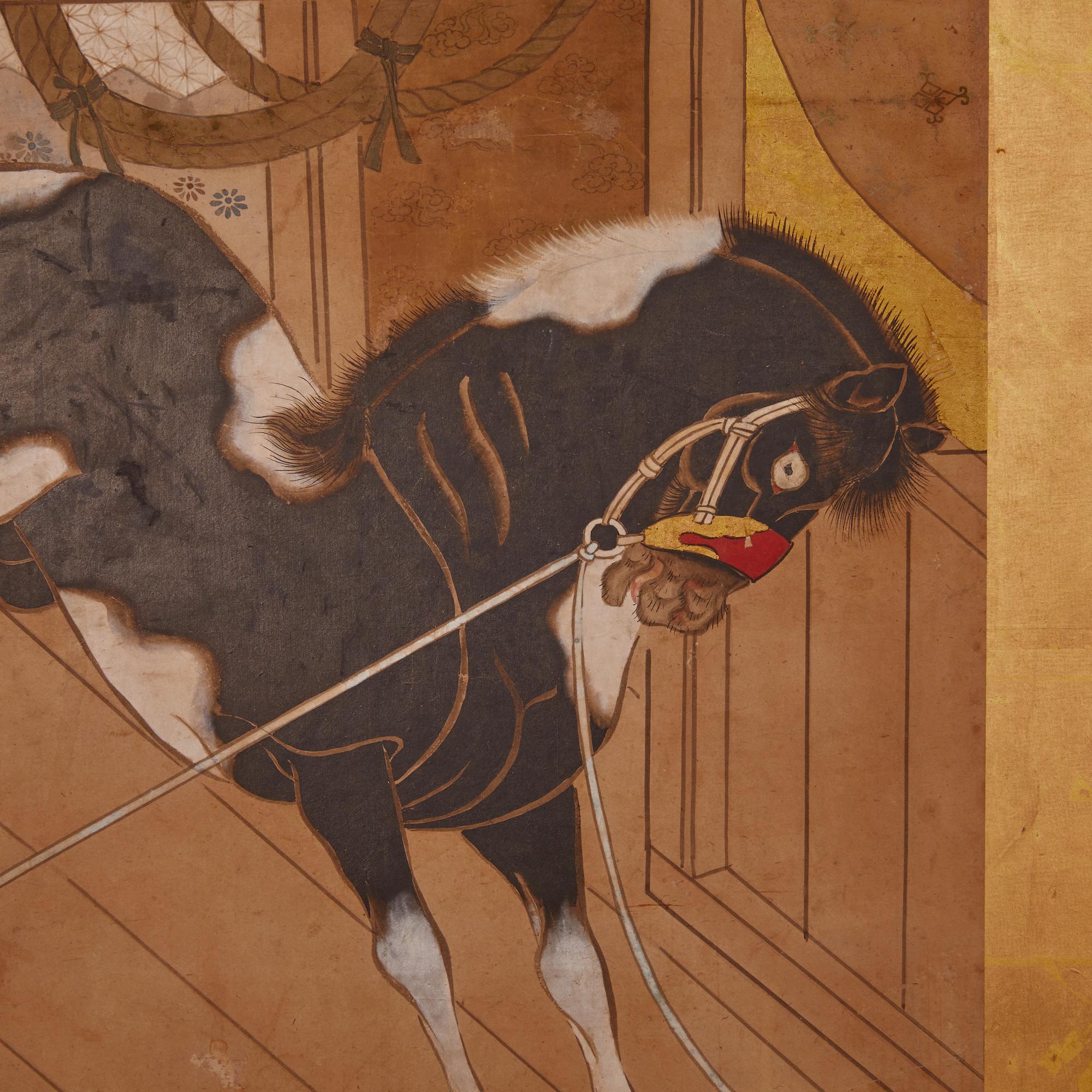 19th Century Japanese Two Panel Screen: Horses in Stable For Sale