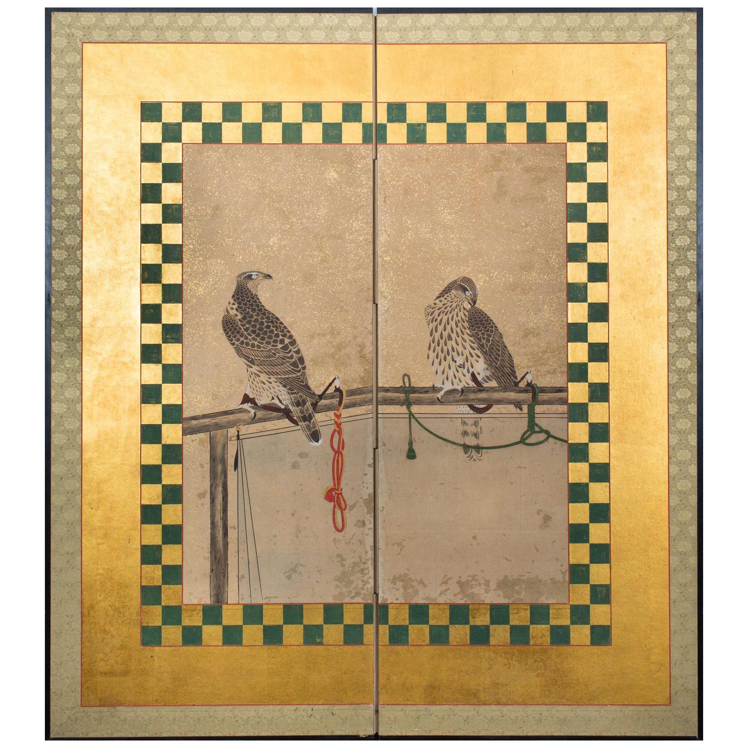 Japanese Two-Panel Screen, Hunting Falcons