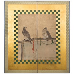 Antique Japanese Two-Panel Screen, Hunting Falcons