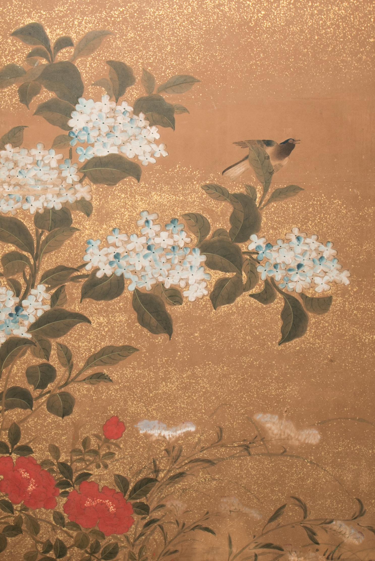 Meiji period (1868-1912) painting, with a lovely softness, celebrating spring. Painted in mineral pigments on mulberry paper with gold dust and a silk brocade border.
