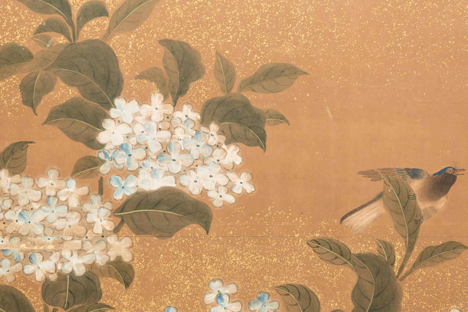 Meiji Japanese Two-Panel Screen Hydrangea and Camelia Flowers with Sparrows in Flight