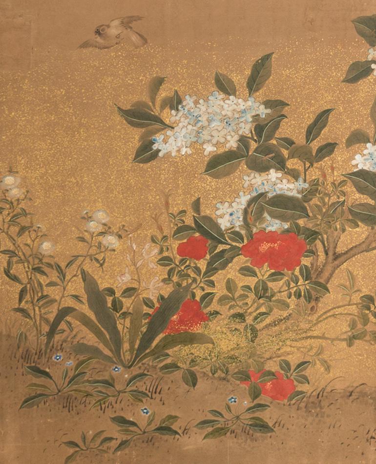 Japanese Two-Panel Screen Hydrangea and Camelia Flowers with Sparrows in Flight In Good Condition In Hudson, NY