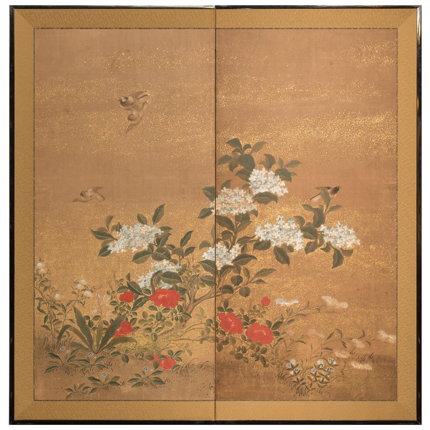Japanese Two-Panel Screen Hydrangea and Camelia Flowers with Sparrows in Flight
