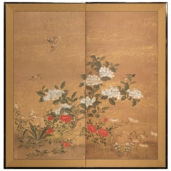 Antique Japanese Two-Panel Screen Hydrangea and Camelia Flowers with Sparrows in Flight