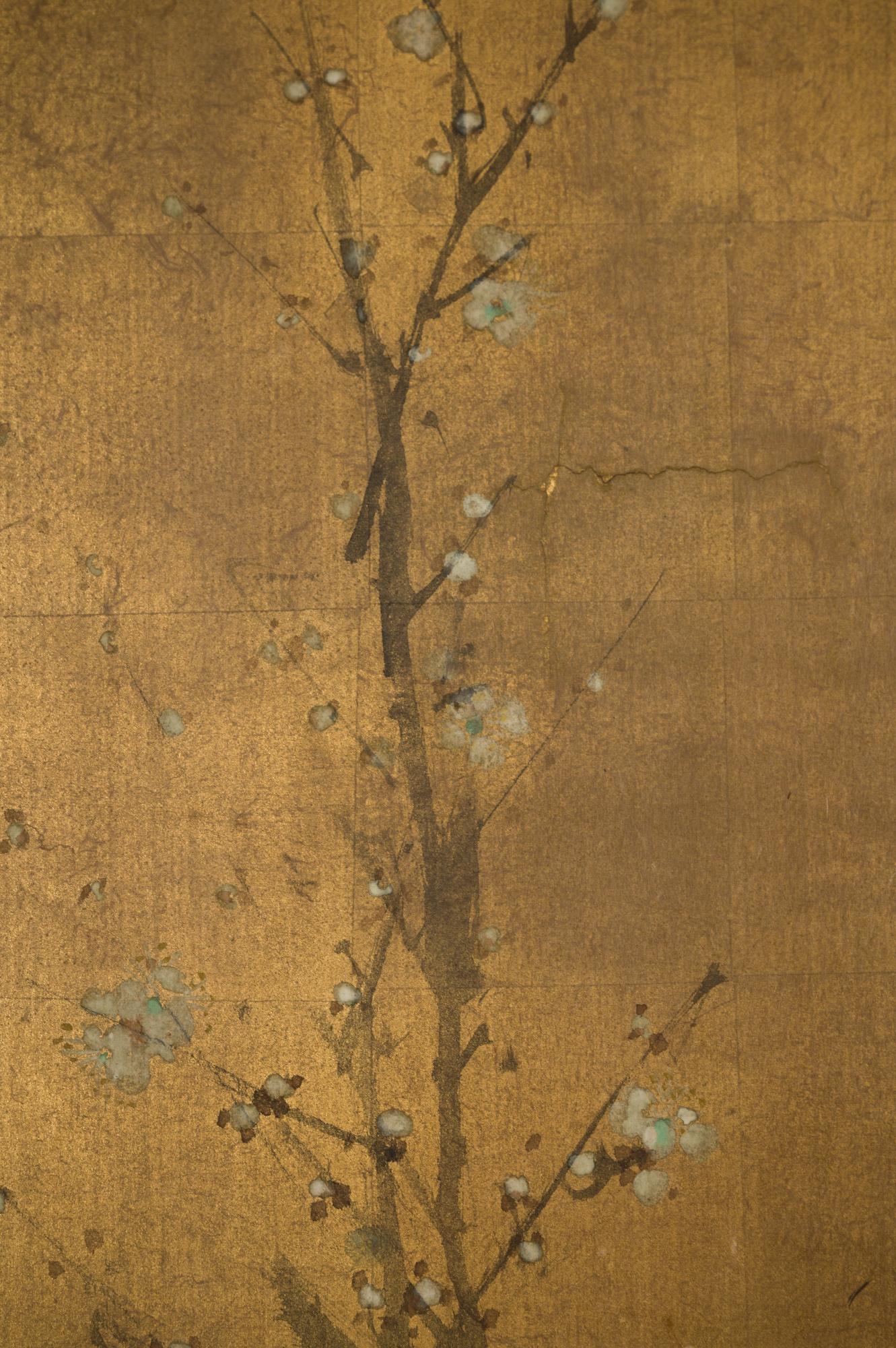 Mineral pigment on gold silk. Signature reads: Nana Keicho Ho, Shinsho, Gachu ; Seal reads: Soju ; Seal on reverse reads: Koto Fusai.