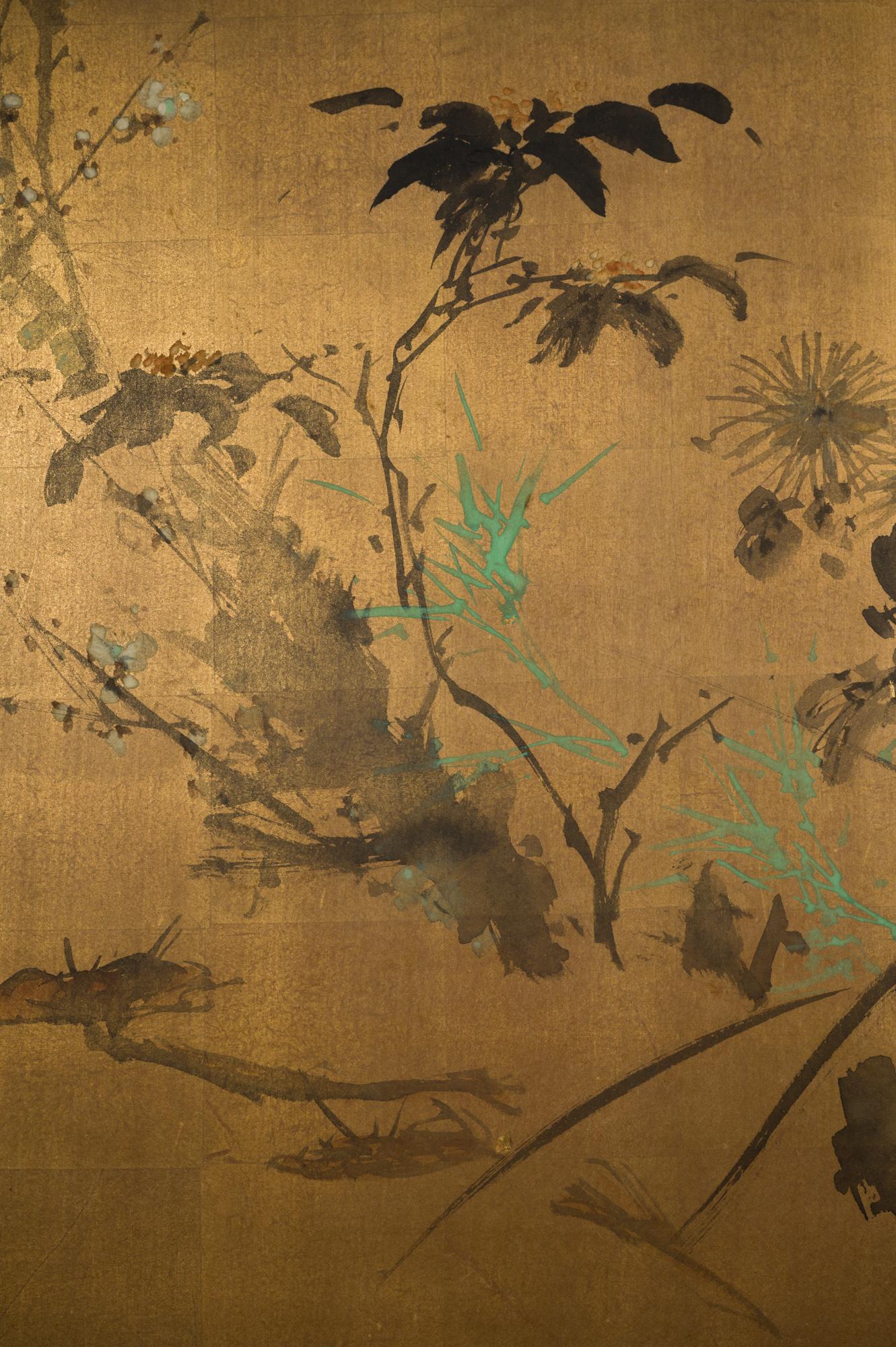 Japanese Two Panel Screen: Ikebana 'Flower Arrangement' In Good Condition For Sale In Hudson, NY