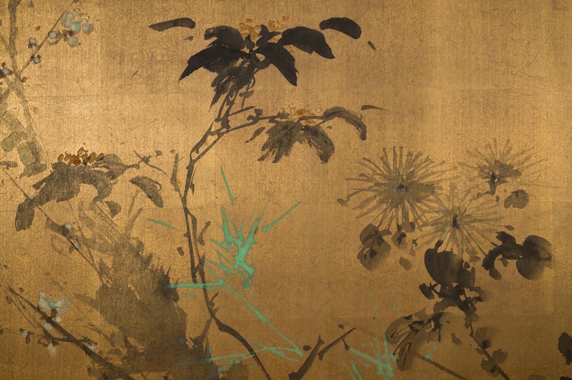 Silk Japanese Two Panel Screen: Ikebana 'Flower Arrangement' For Sale